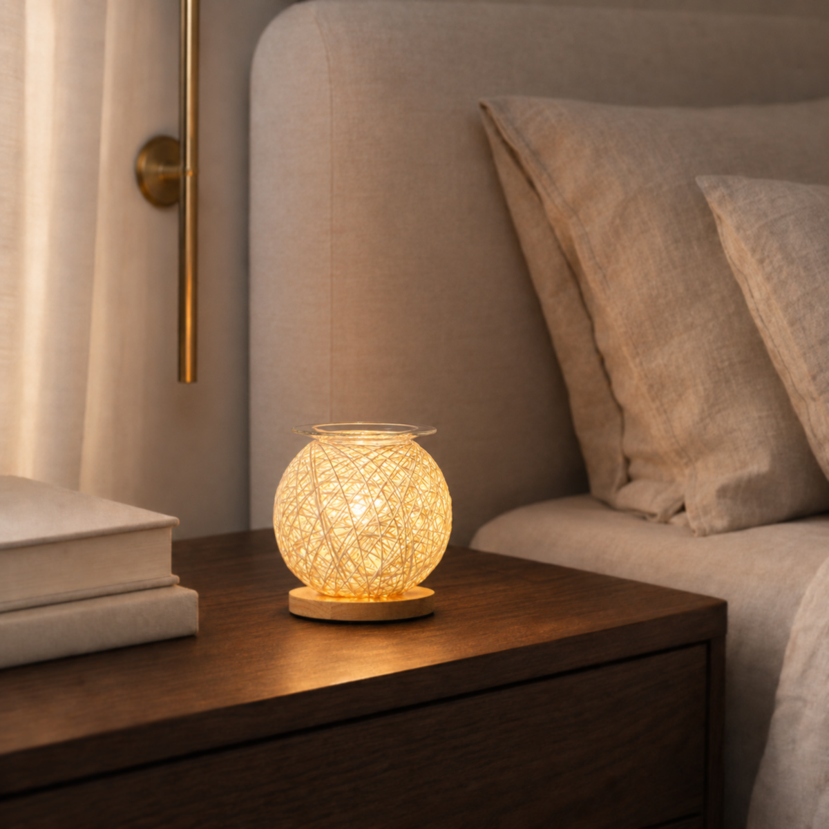 Warm woven globe wax warmer illuminated on a dark bedroom nightstand beside neutral bedding.