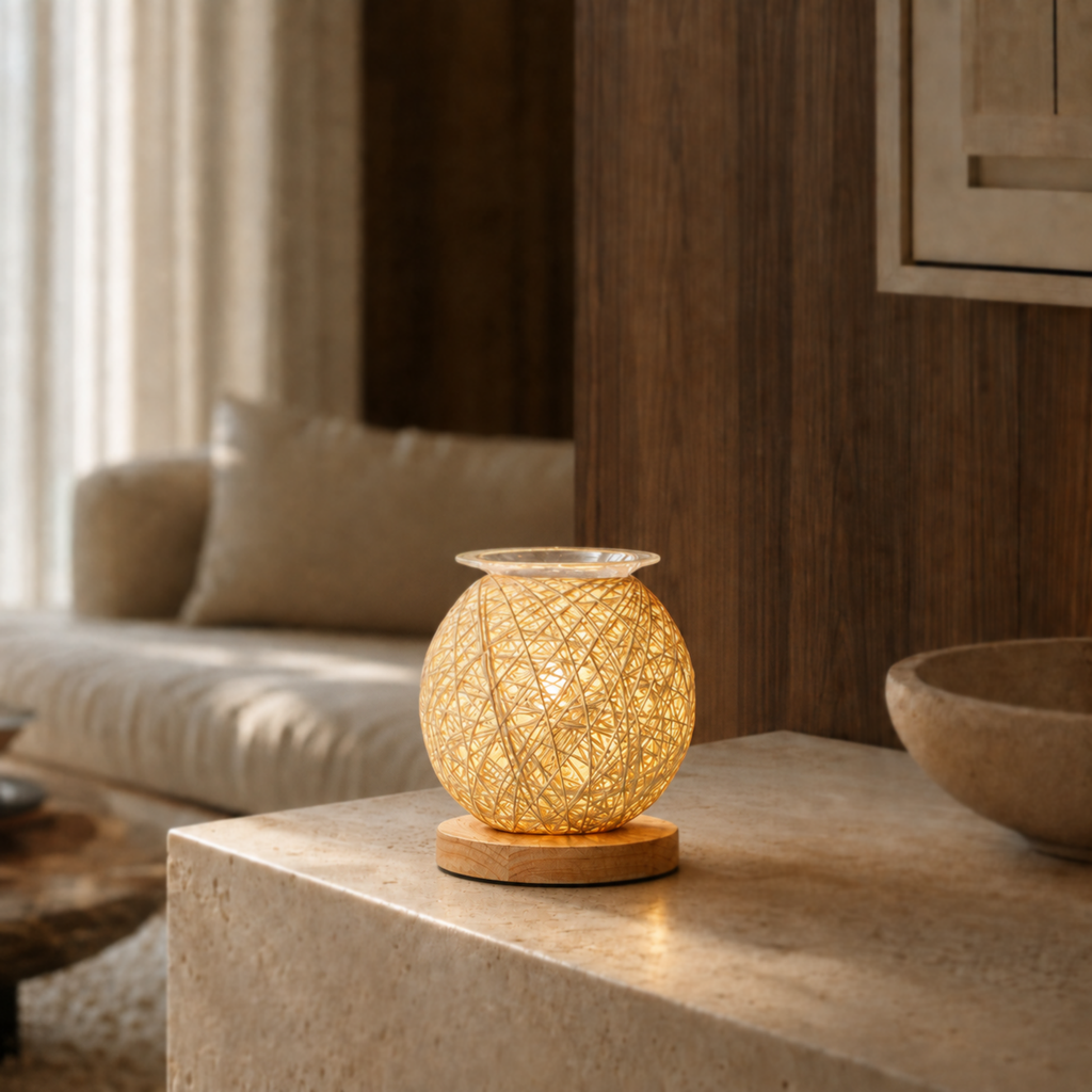 Woven Glow wax warmer illuminated on a pale stone console in a warm modern living room.