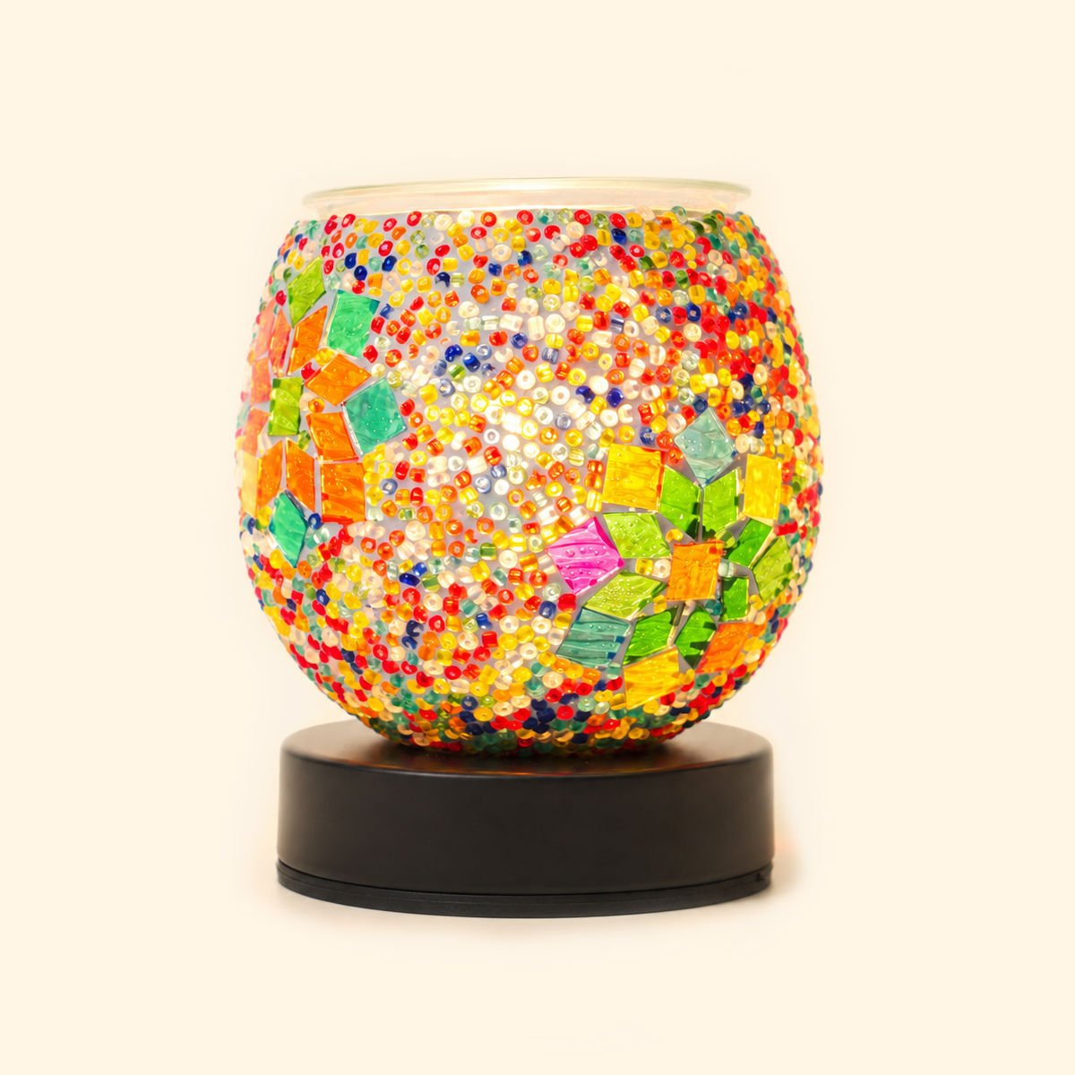 Mosaic Bloom Globe Illumination Wax Warmer with colorful glass beads and mosaic details, illuminated front view.