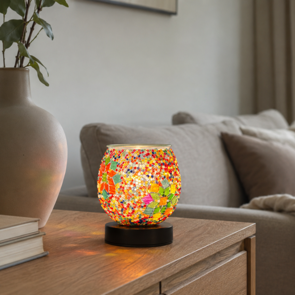 Colorful globe wax warmer glowing on a wooden sideboard beside a large ceramic vase and books.