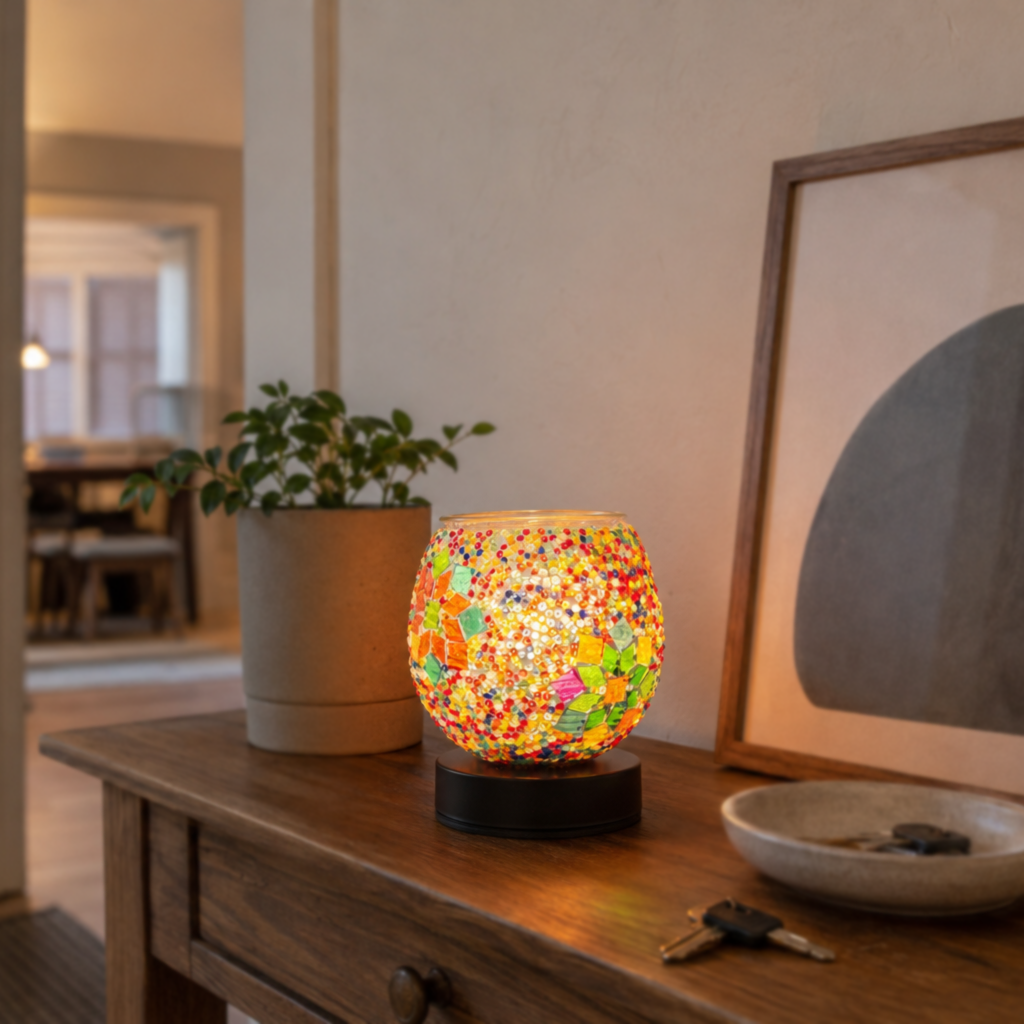 Illuminated mosaic tabletop wax warmer on a wooden entryway console beside a plant and key dish.