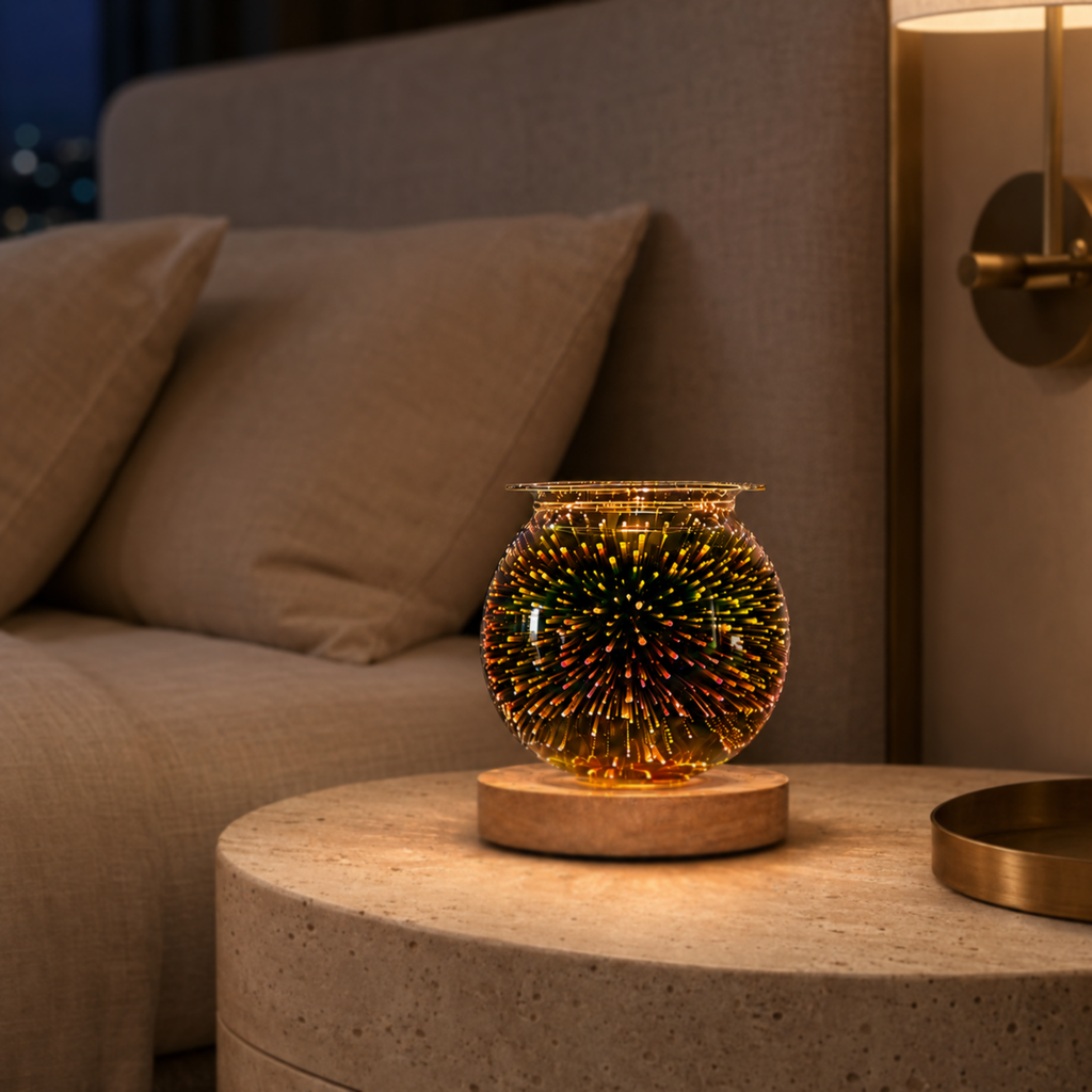 Galaxy Firework electric wax warmer glowing on a round stone side table beside a neutral sofa.