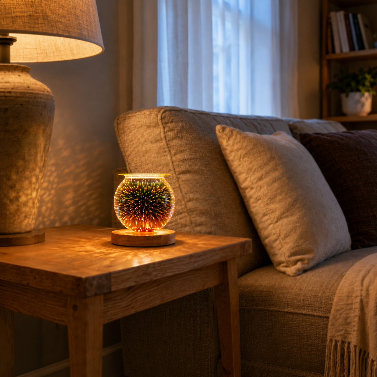 Glass galaxy wax warmer illuminated on a wooden side table beside a sofa and table lamp.