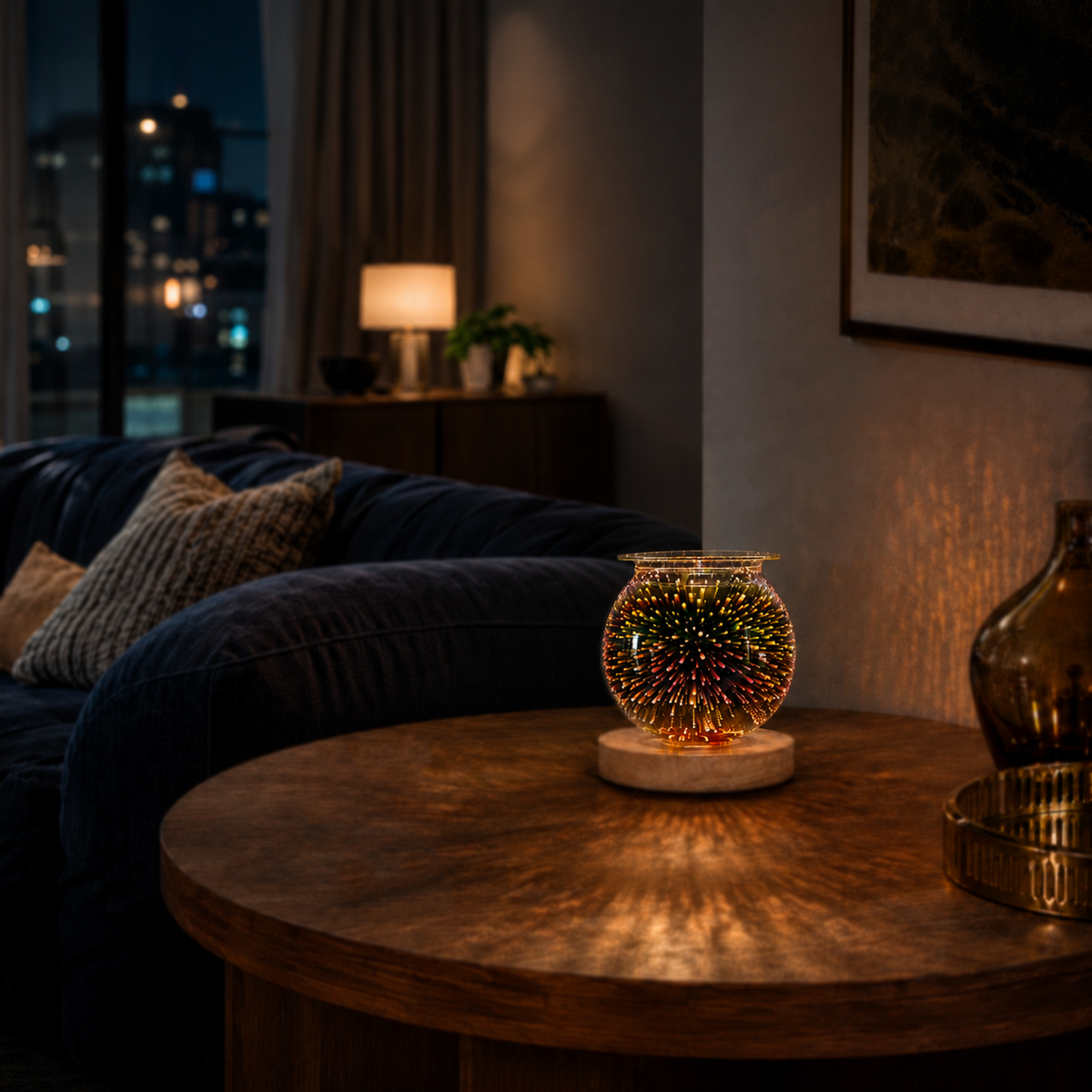 Galaxy tabletop wax warmer glowing on a round wooden table and casting warm patterned light in a dark living room.