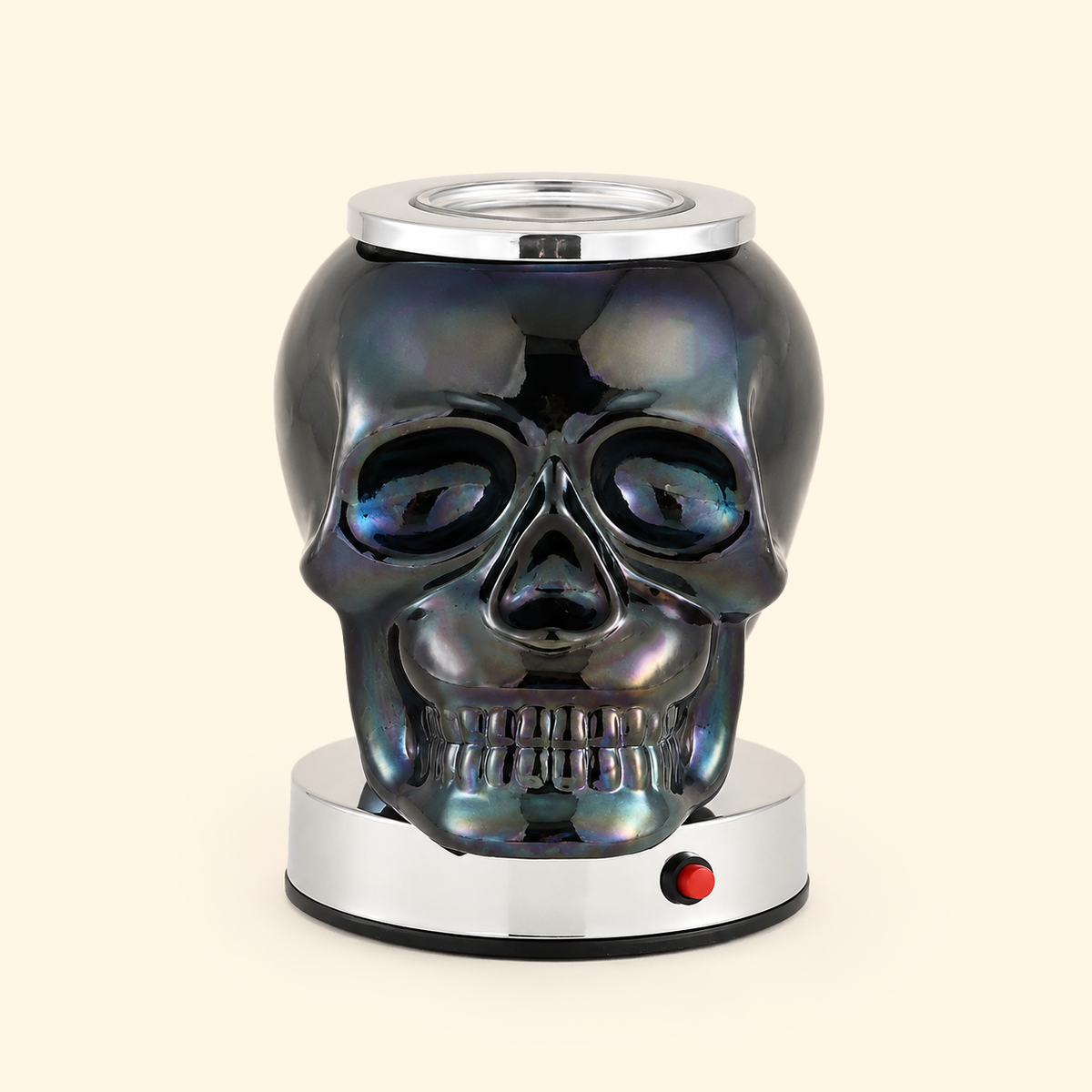 Unlit Iridescent Skull wax warmer with reflective dark glass and chrome base, front view.