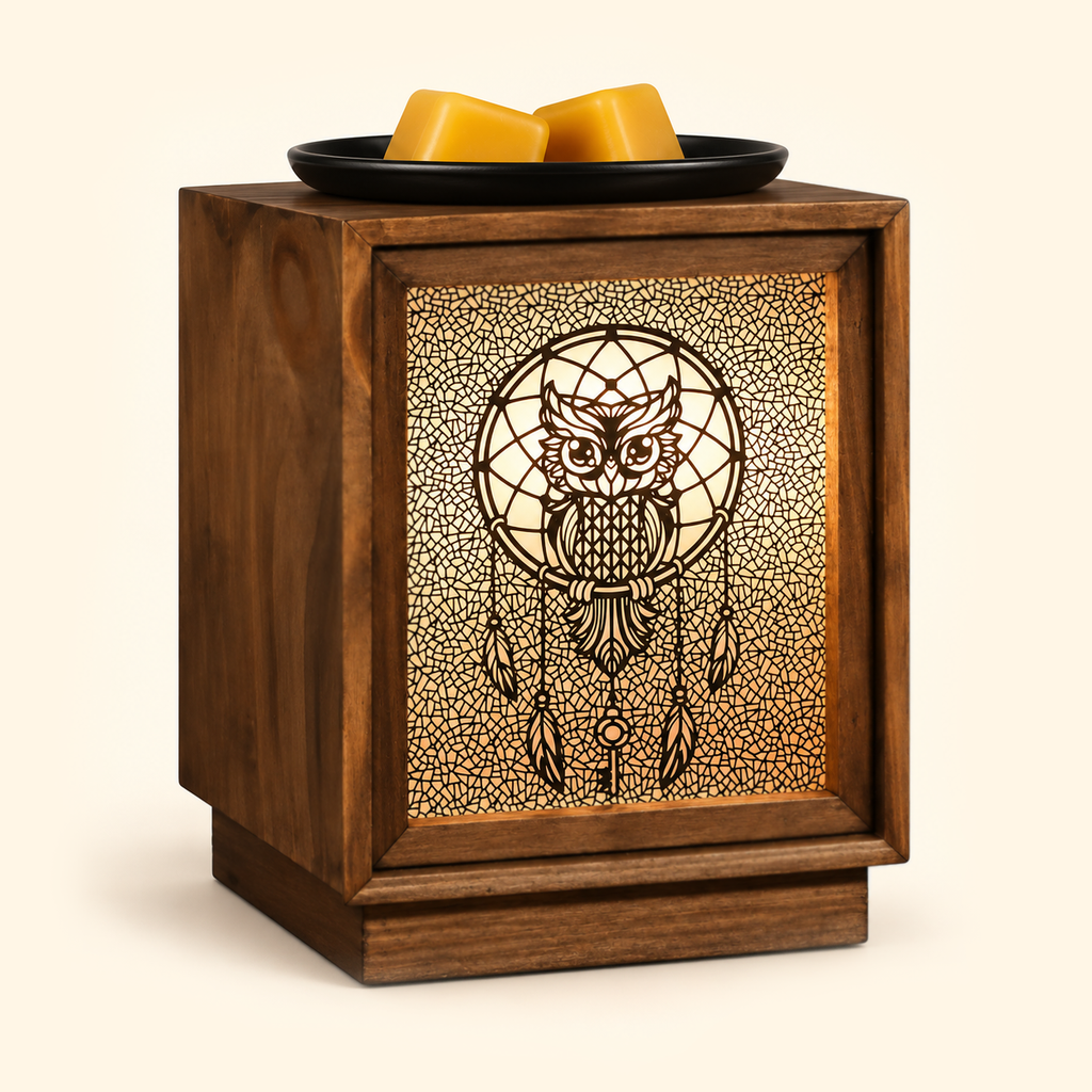 Angled view of the illuminated wooden wax warmer with detailed owl and dreamcatcher design.