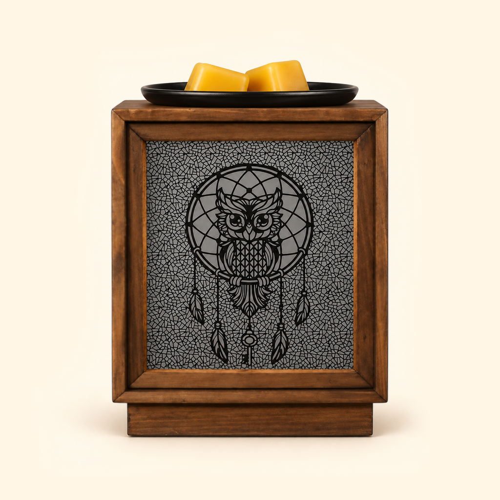 Unlit Moonlit Owl Dreamcatcher wooden wax warmer with yellow wax melts, front view.
