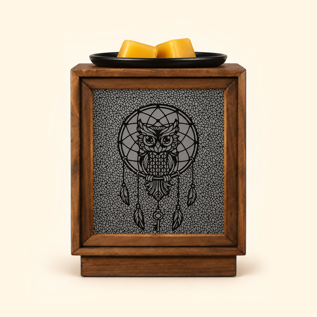Unlit Moonlit Owl Dreamcatcher wooden wax warmer with yellow wax melts, front view.