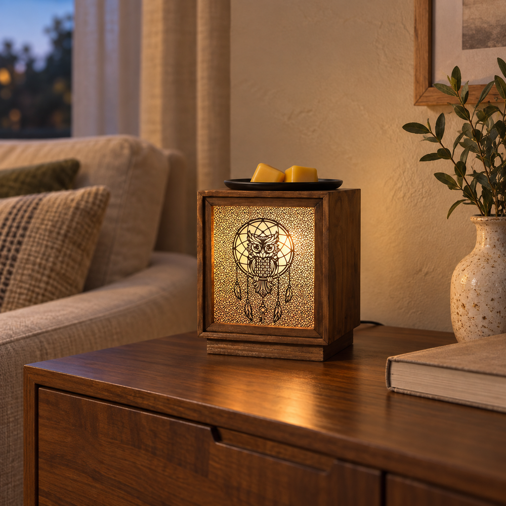 Wooden owl electric wax warmer glowing on a cabinet in a warm living room setting.