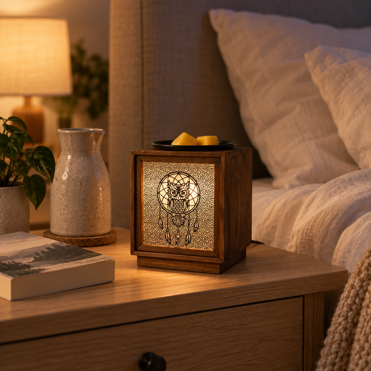 Moonlit Owl tabletop wax warmer glowing on a bedroom nightstand beside a vase and book.