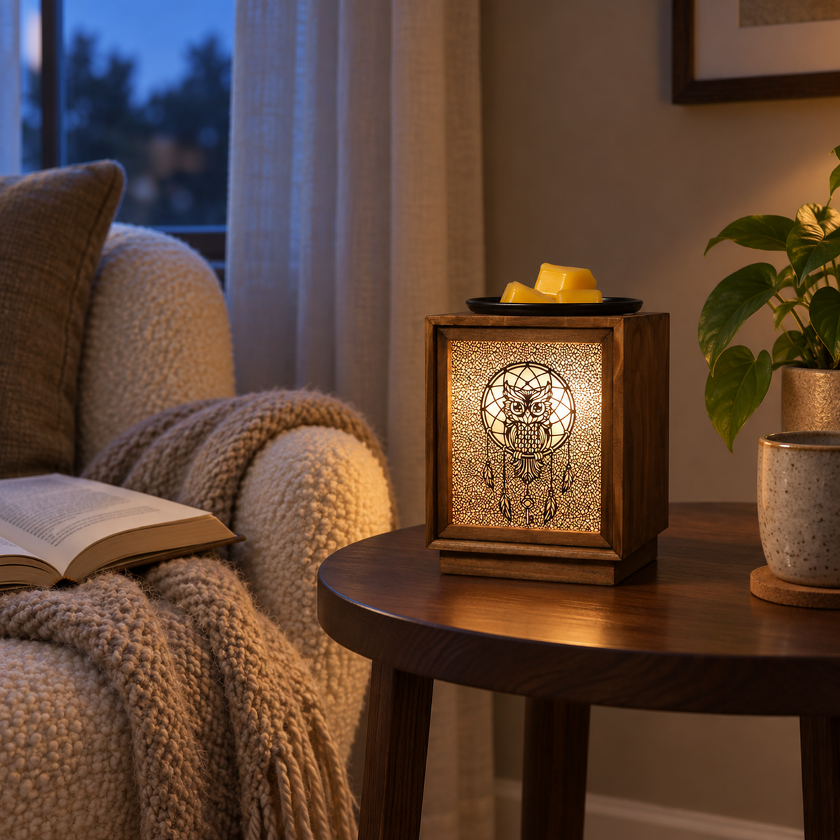 Wooden owl wax warmer illuminated beside an armchair, open book and mug in a cozy reading nook.