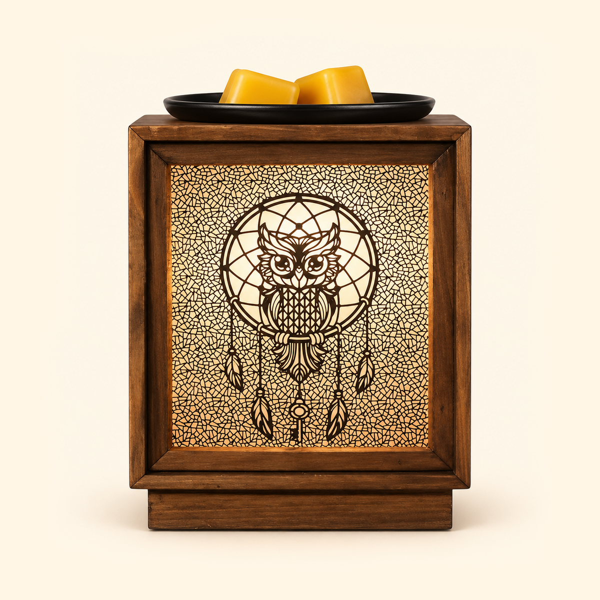 Moonlit Owl Dreamcatcher Wooden Illumination Wax Warmer with yellow wax melts, front view.
