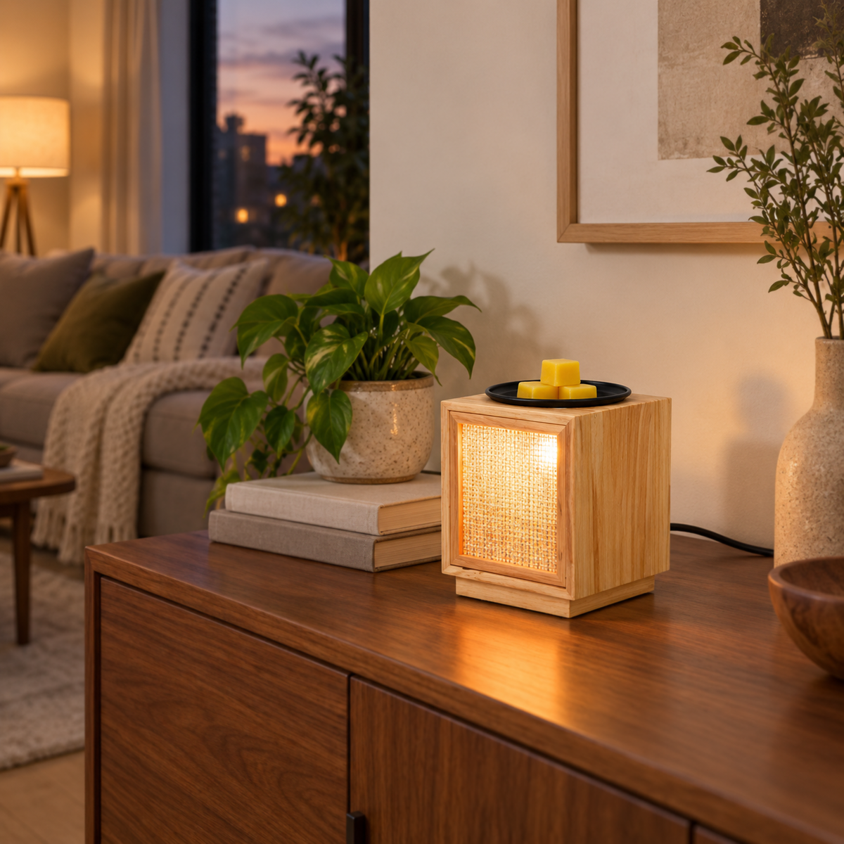 Wooden electric wax warmer illuminated on a sideboard with books, plants and neutral home decor.
