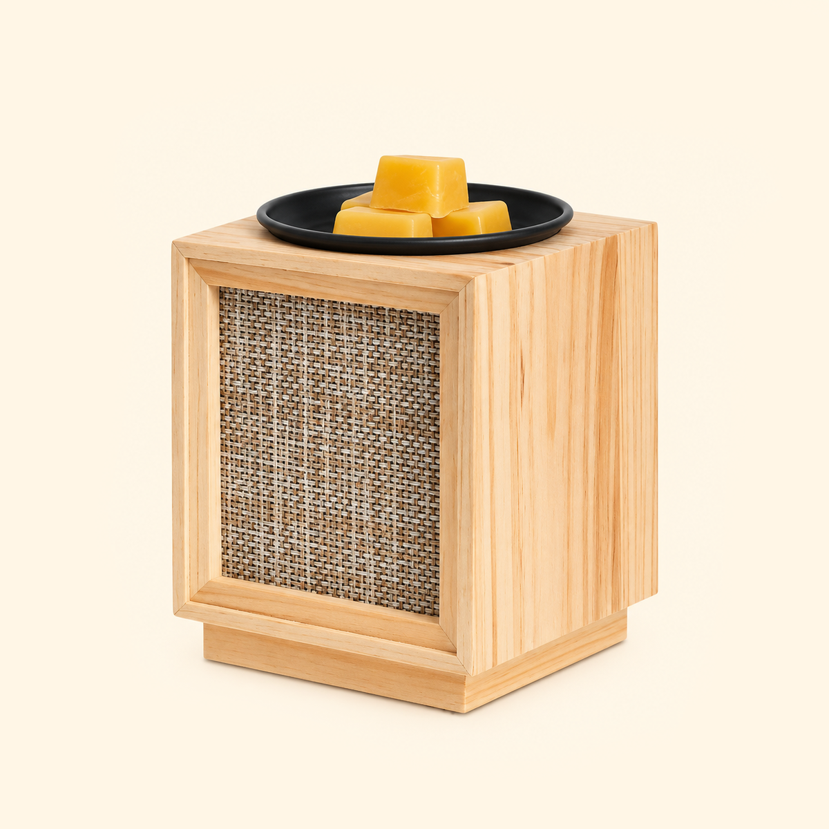 Unlit Natural Weave wooden wax warmer with yellow wax melts, angled studio view.