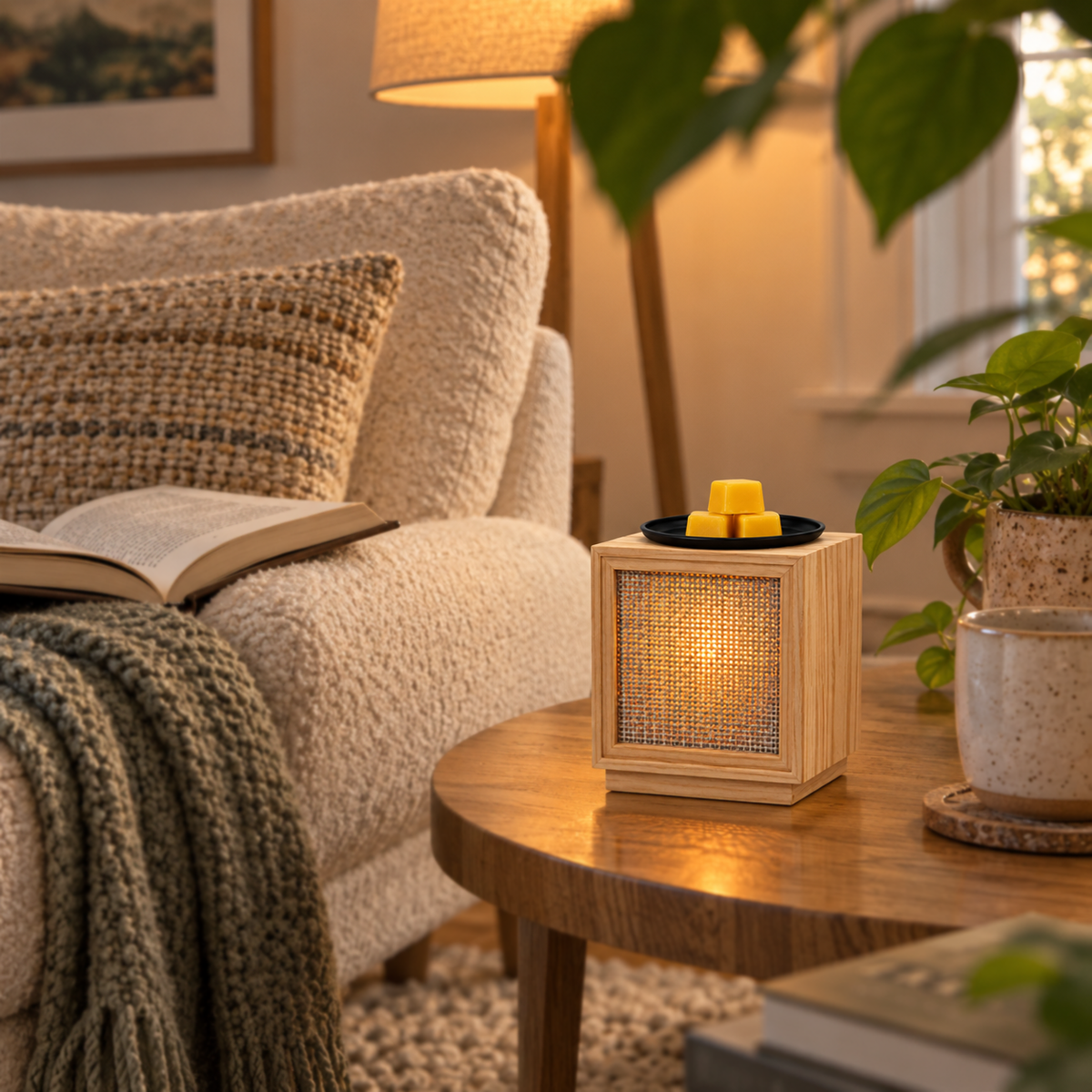 Natural woven wax warmer glowing on a side table beside an armchair, open book and mug.
