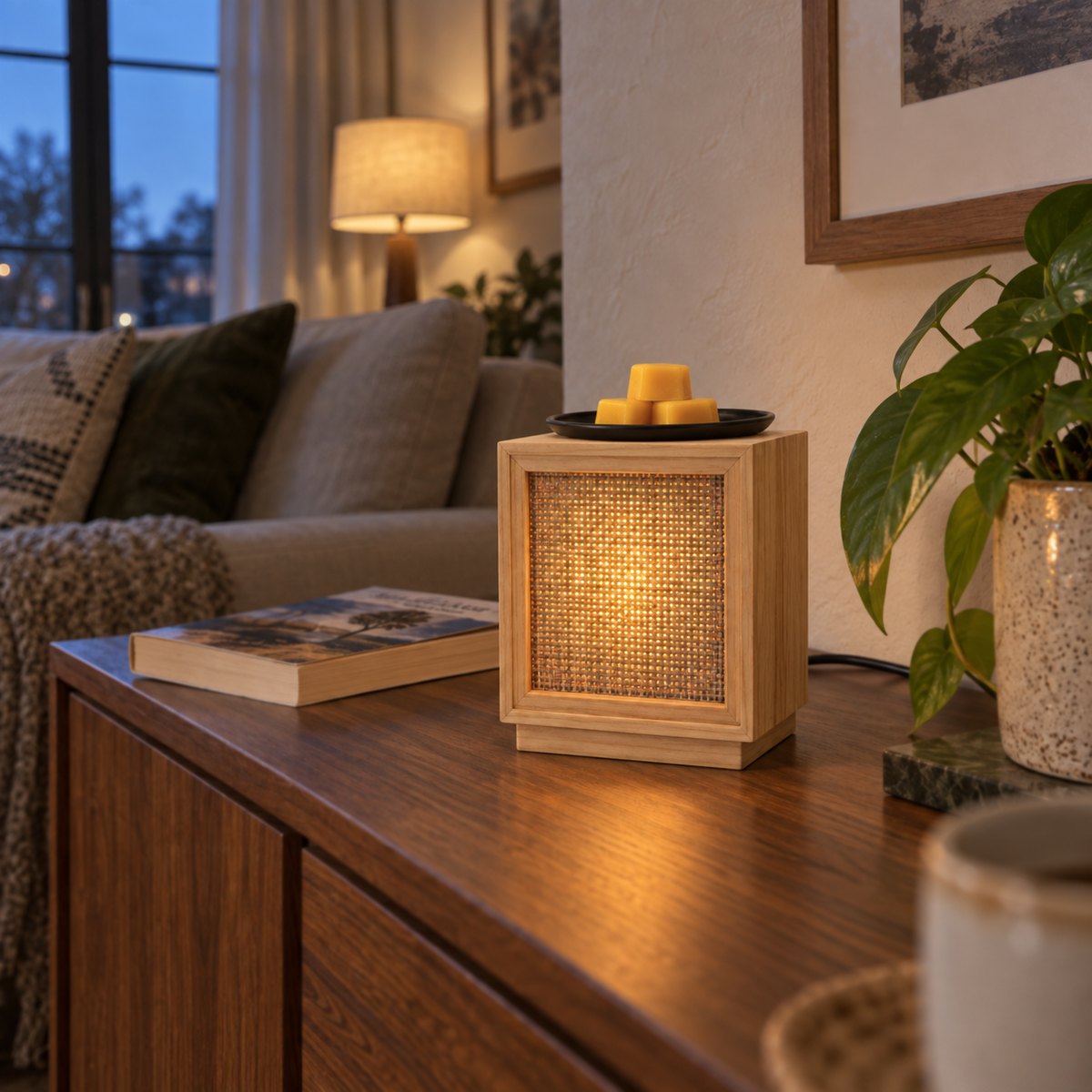 Natural Weave wooden wax warmer glowing through its woven panel on a living room cabinet.