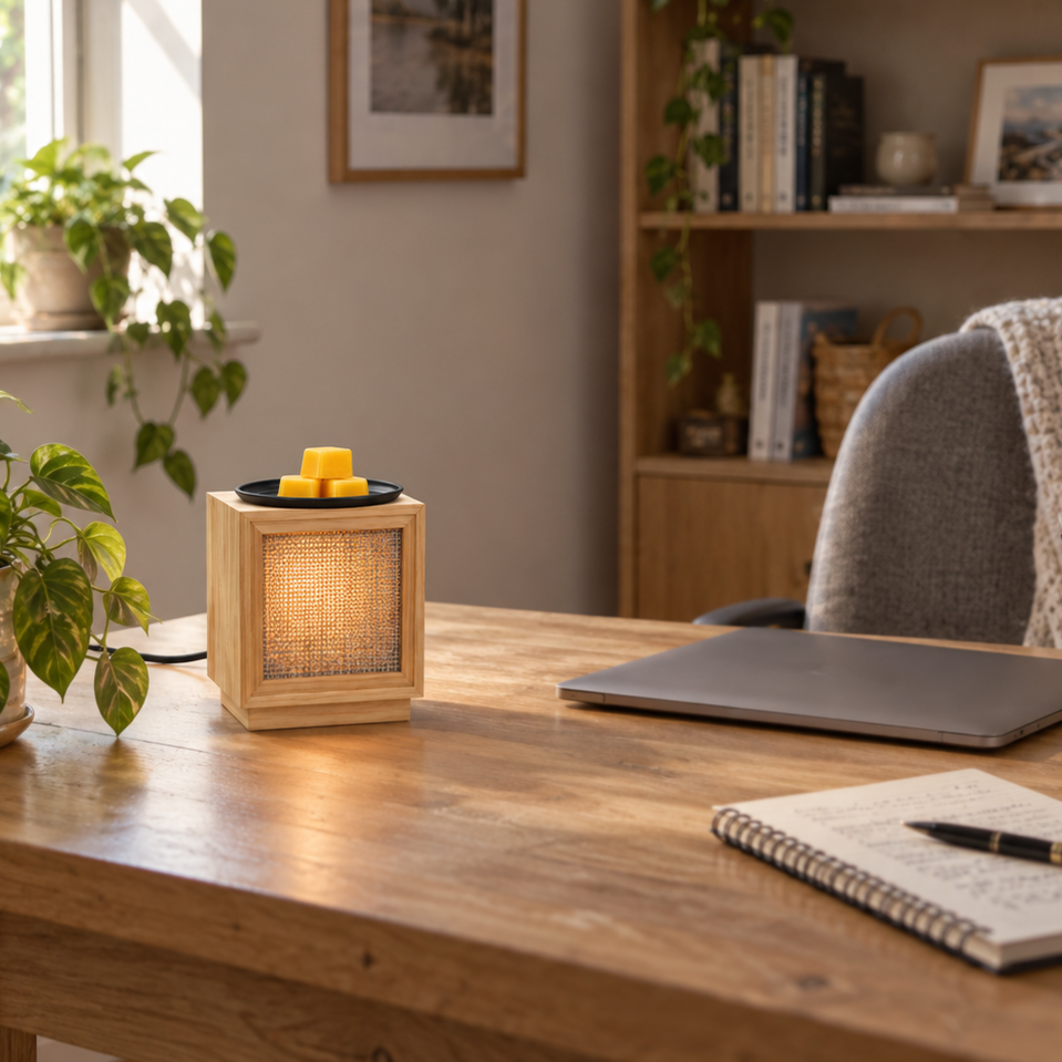 Natural Weave wax warmer glowing on a home office desk beside a laptop, notebook and plant.