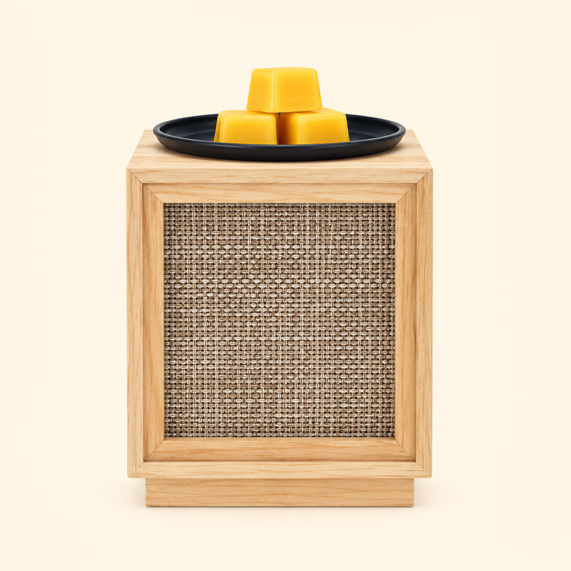 Unlit Natural Weave Wooden Illumination Wax Warmer with woven front panel and yellow wax melts, front view.