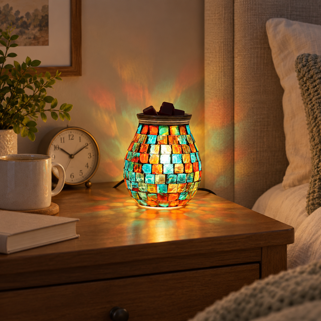 Illuminated mosaic tabletop wax warmer on a bedside table with books, a mug and alarm clock.