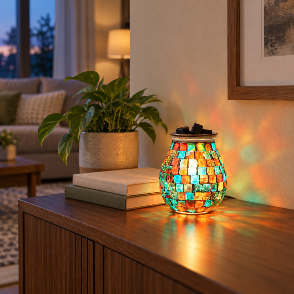 Kaleidoscope Mosaic electric wax warmer glowing warmly on a wooden table in a cozy interior.