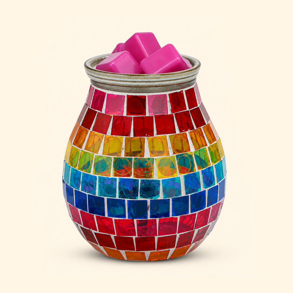 Unlit Rainbow Horizon Mosaic wax warmer with horizontal rainbow glass tiles and pink wax melts, front view.