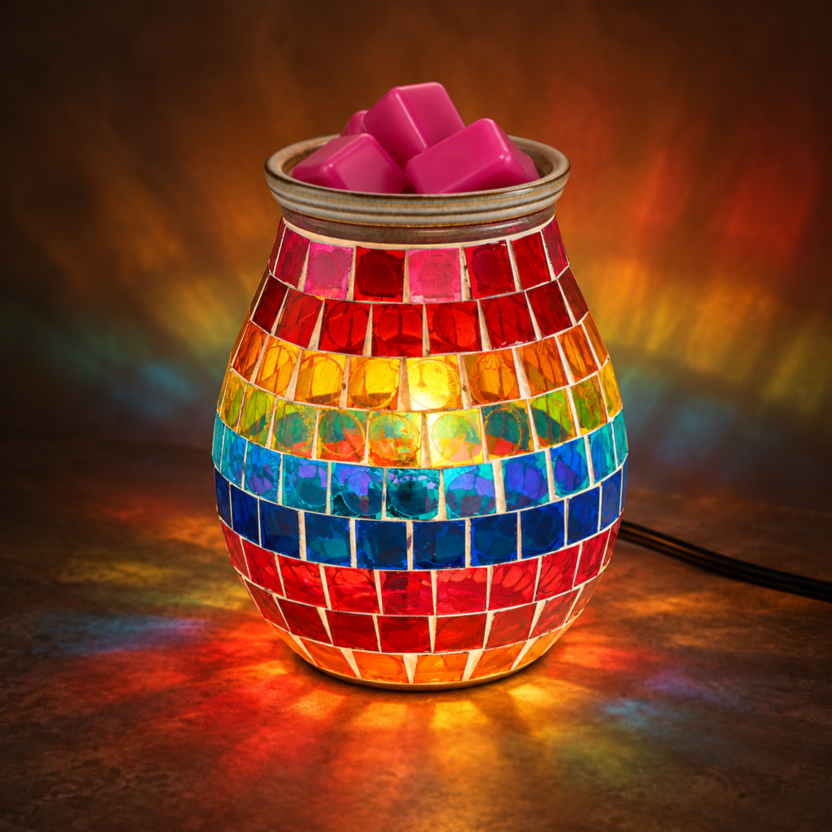 Illuminated rainbow mosaic wax warmer casting vivid multicolored light in a dark interior.