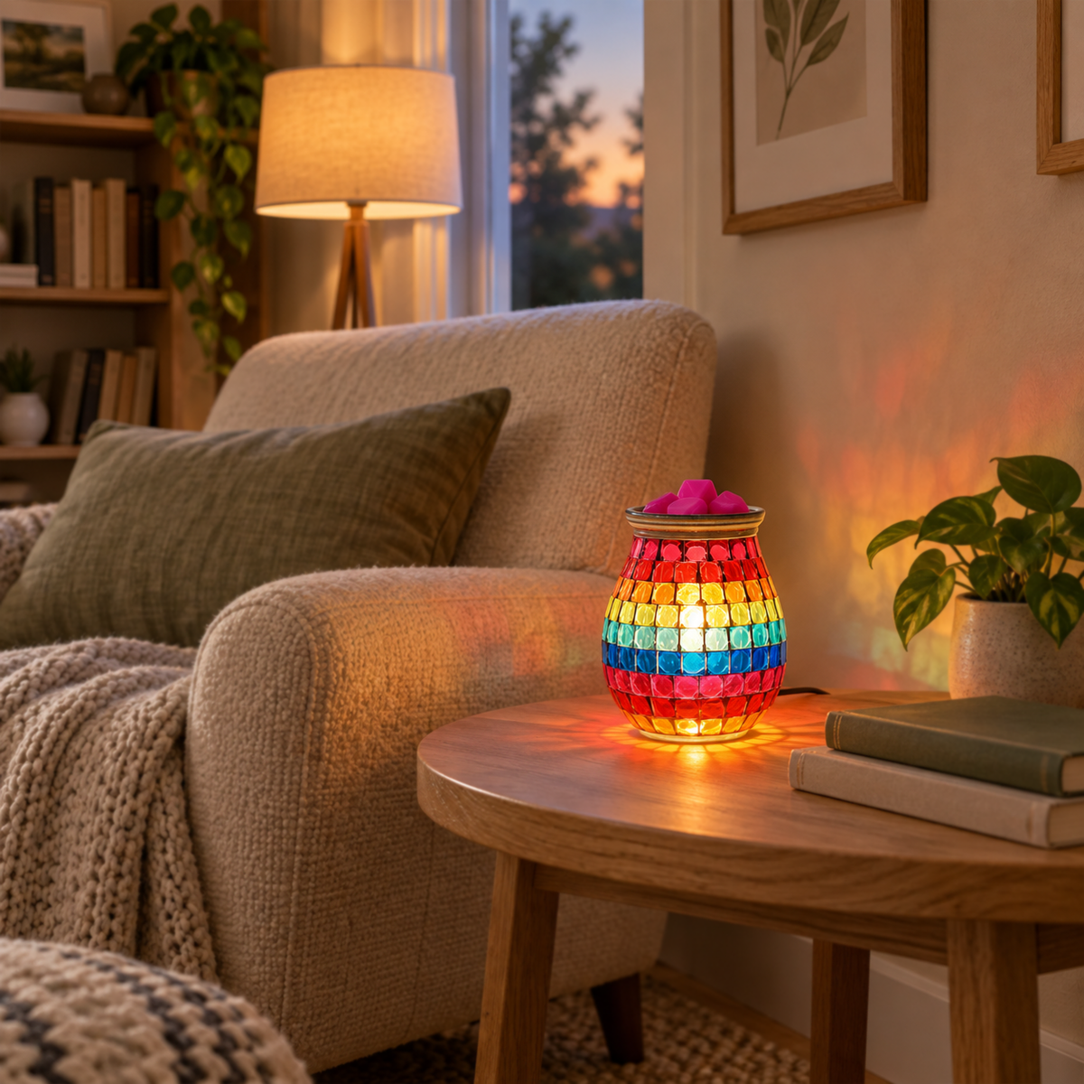 Colorful mosaic electric wax warmer glowing on a round side table beside an armchair and books.