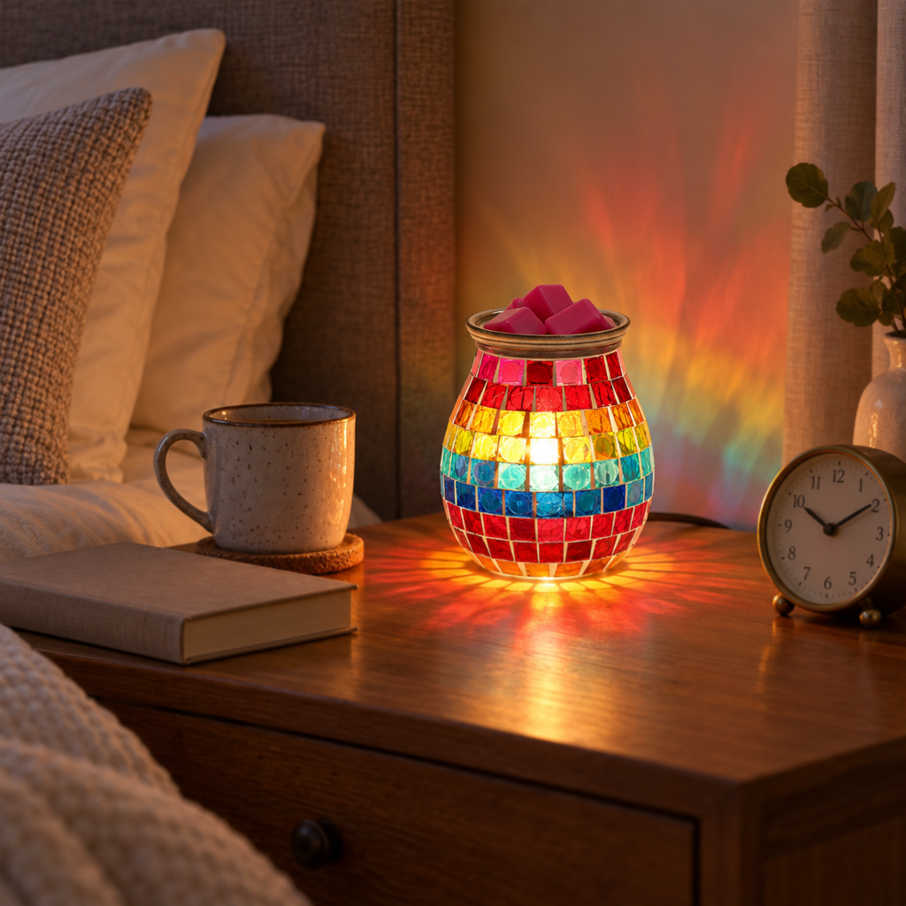 Rainbow mosaic electric wax warmer glowing on a bedroom nightstand with colorful light reflections.