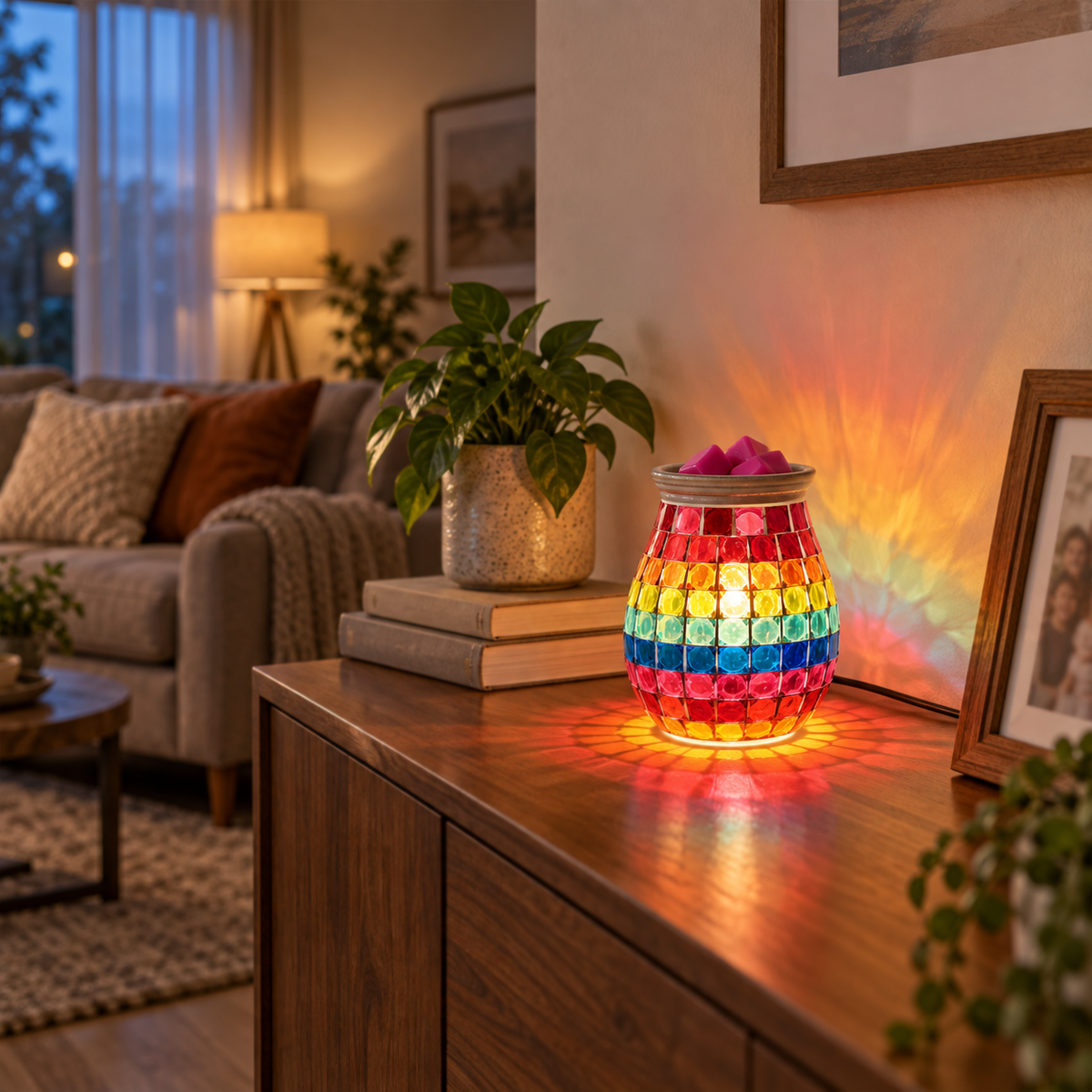 Rainbow Horizon wax warmer illuminated on a wooden console beside plants and framed decor.
