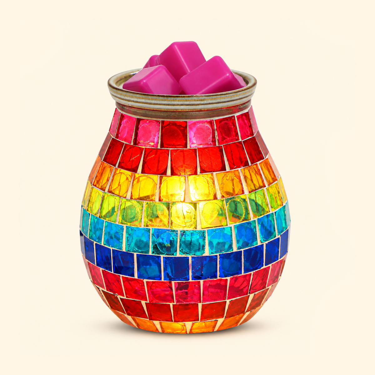 Rainbow Horizon Mosaic Illumination Wax Warmer with colorful striped glass tiles and pink wax melts, illuminated front view.