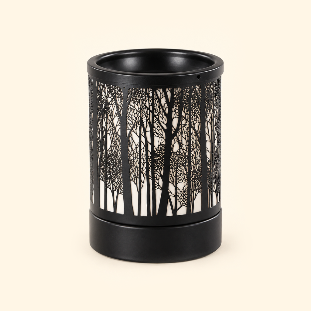 Forest Silhouette Metal Illumination Wax Warmer with light off, front view on a warm cream background