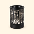 Forest Silhouette Metal Illumination Wax Warmer with light off, front view on a warm cream background