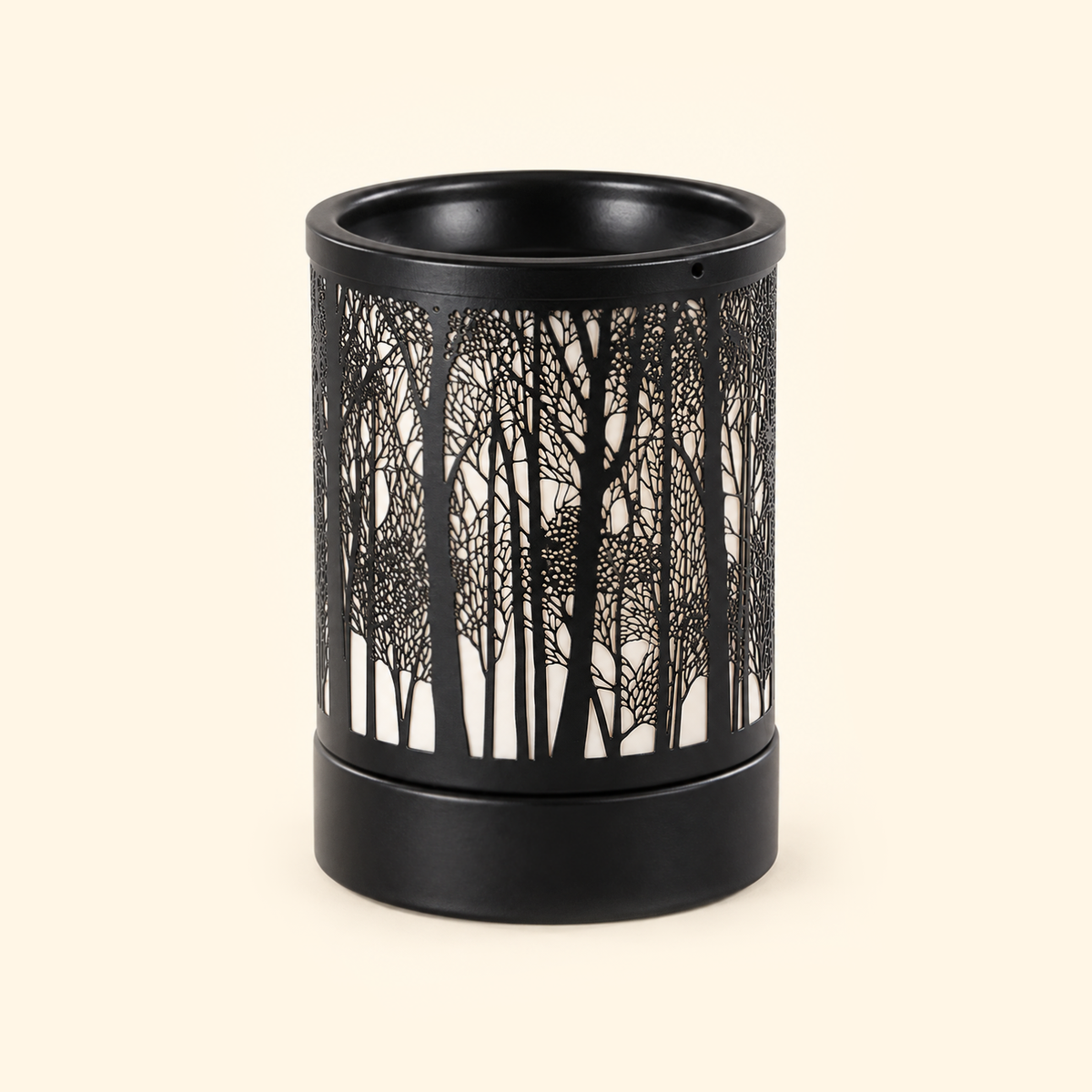 Forest Silhouette Metal Illumination Wax Warmer with light off, front view on a warm cream background
