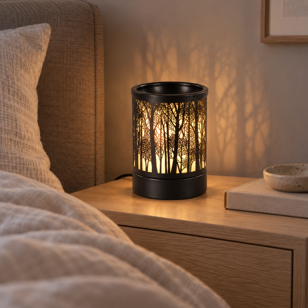 Illuminated forest cutout wax warmer on a bedside table in a softly lit neutral bedroom