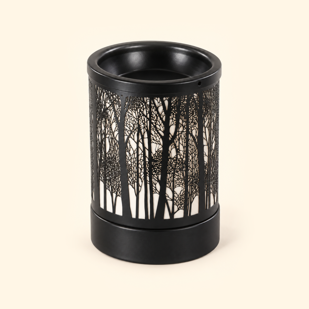 Forest Silhouette Metal Illumination Wax Warmer on a cream background