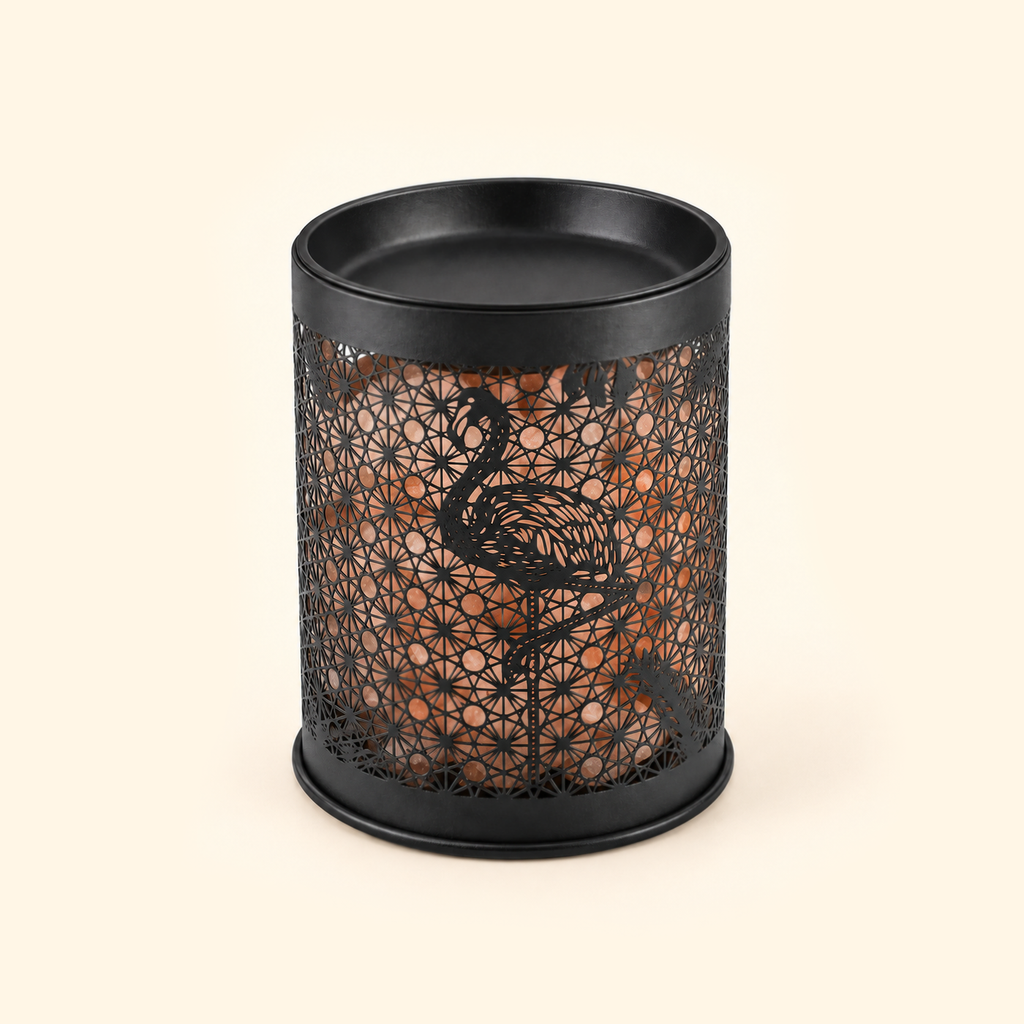 Flamingo Salt Glow Illumination Wax Warmer with Himalayan salt rocks, front view with light off