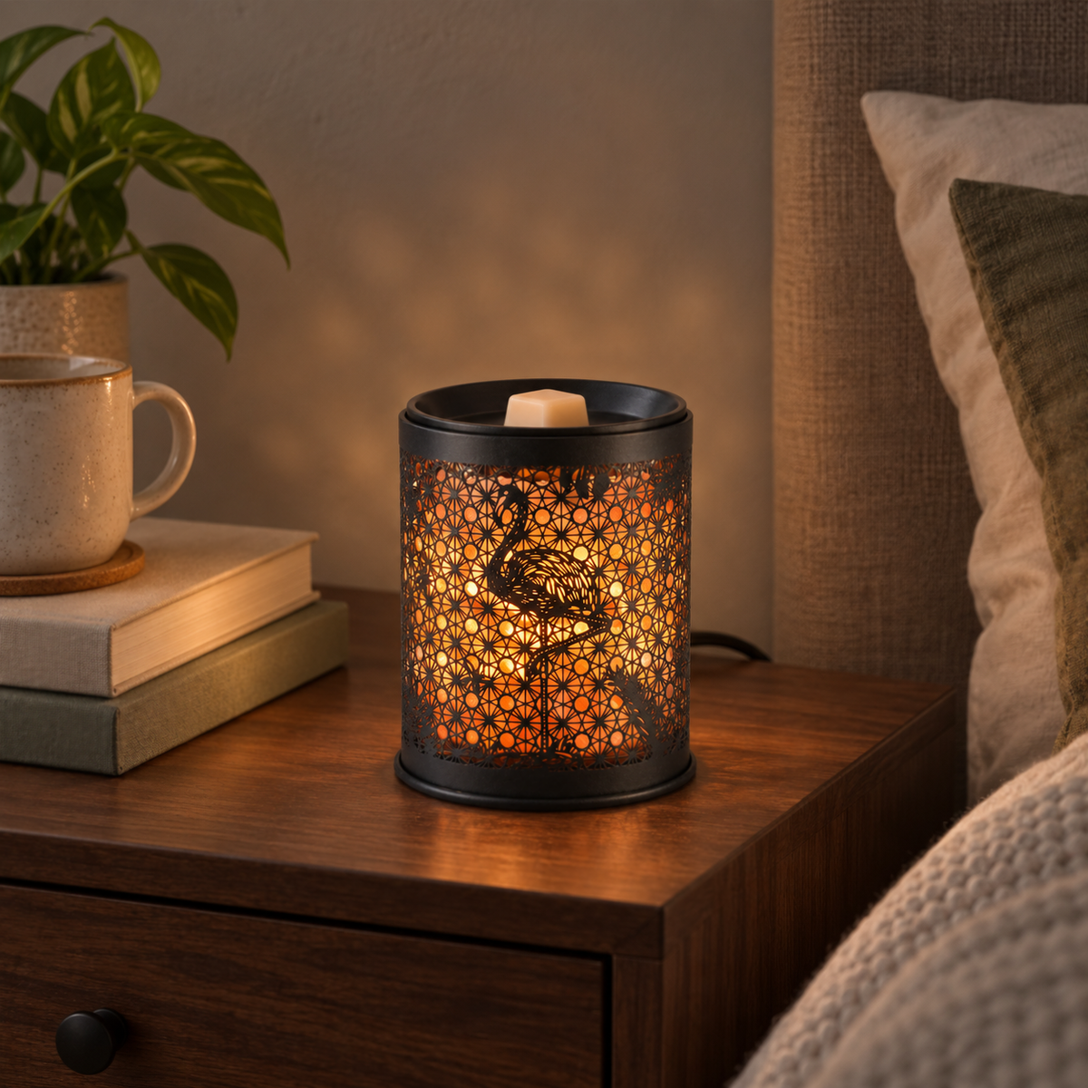 Illuminated Flamingo Salt Glow Wax Warmer on a bedroom nightstand with a wax melt in the top dish