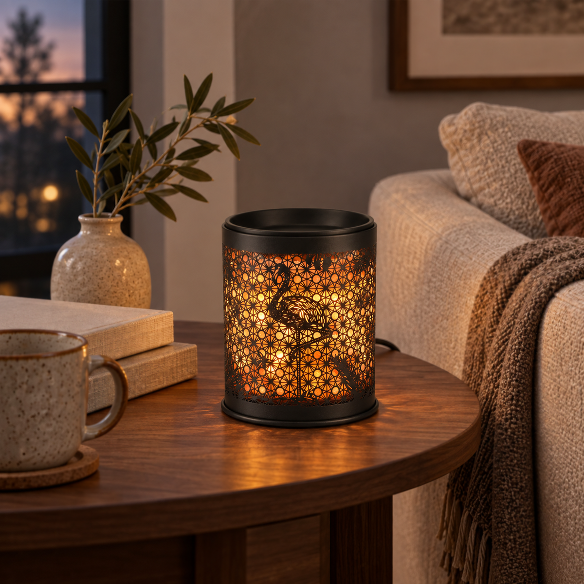 Flamingo Salt Glow Wax Warmer glowing on a walnut side table in a warm neutral living room