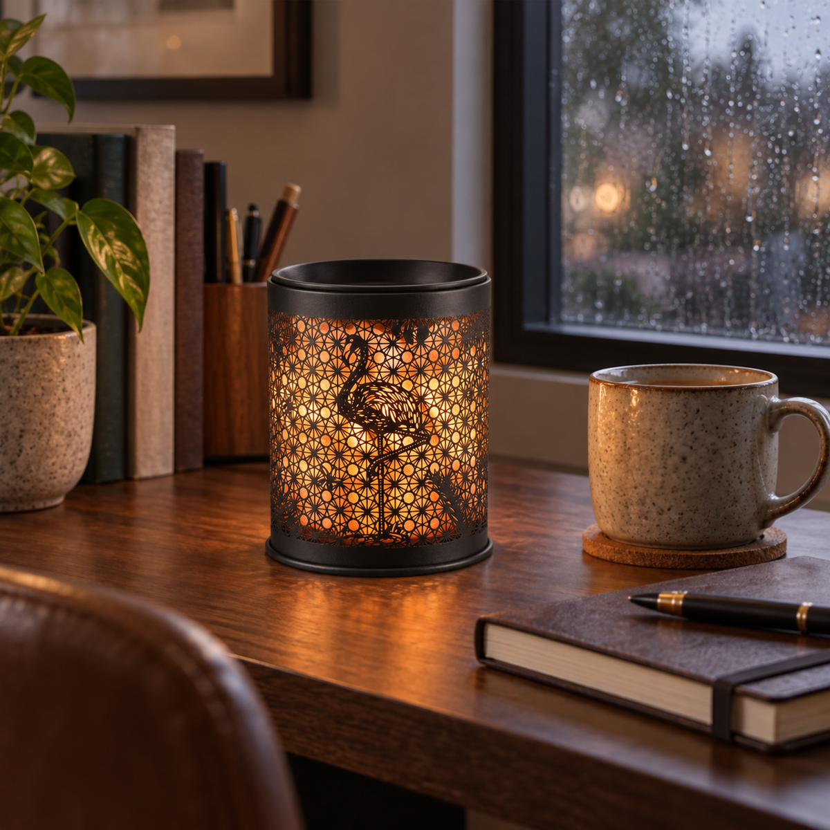 Flamingo Salt Glow Wax Warmer glowing on a home office desk beside a rain-covered window