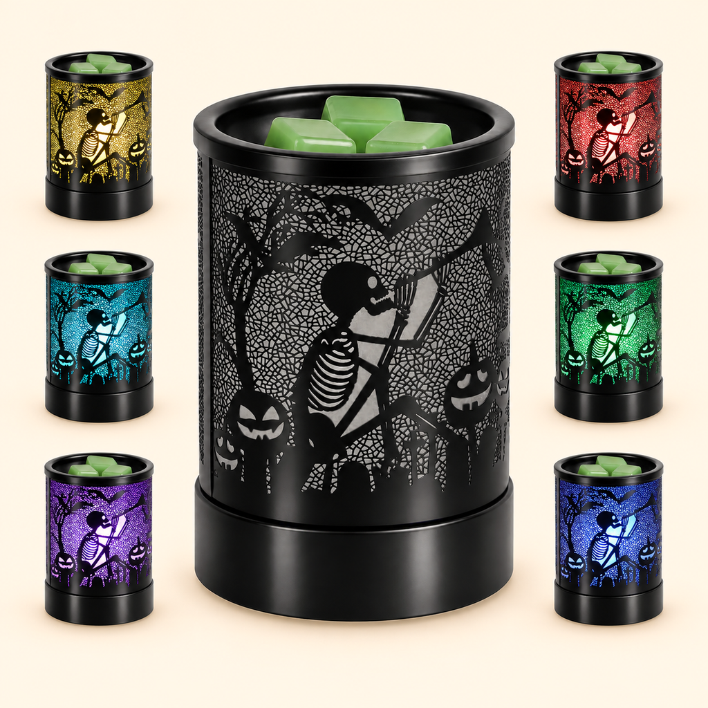 Color-changing Halloween wax melt warmer shown unlit in the center with yellow, cyan, purple, red, green and blue light options.