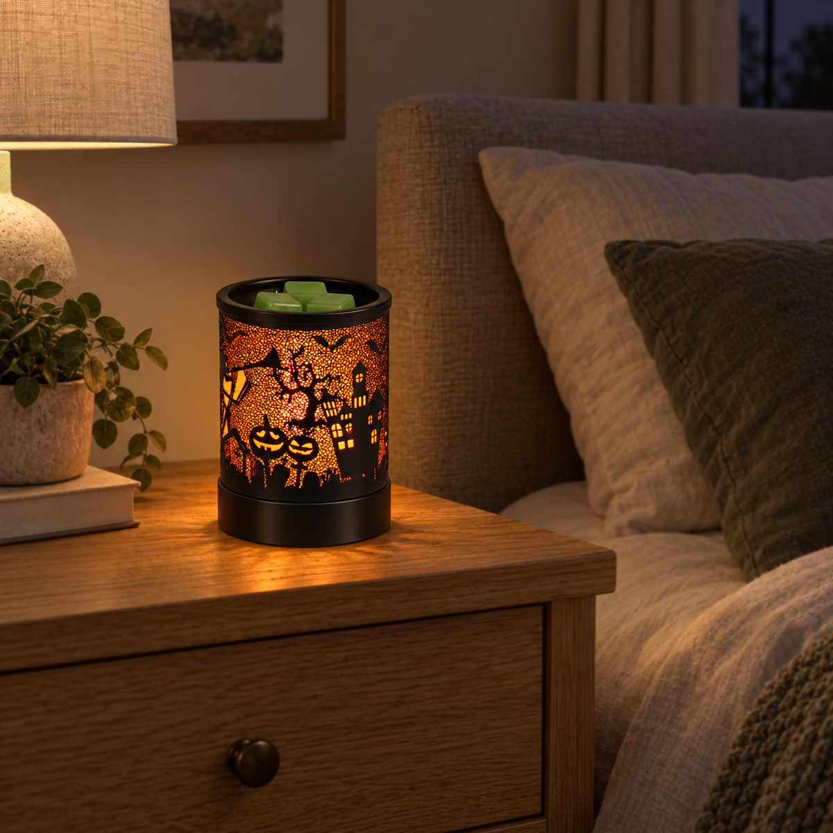 Orange glowing Halloween wax melt warmer with haunted house design displayed on a bedroom side table.