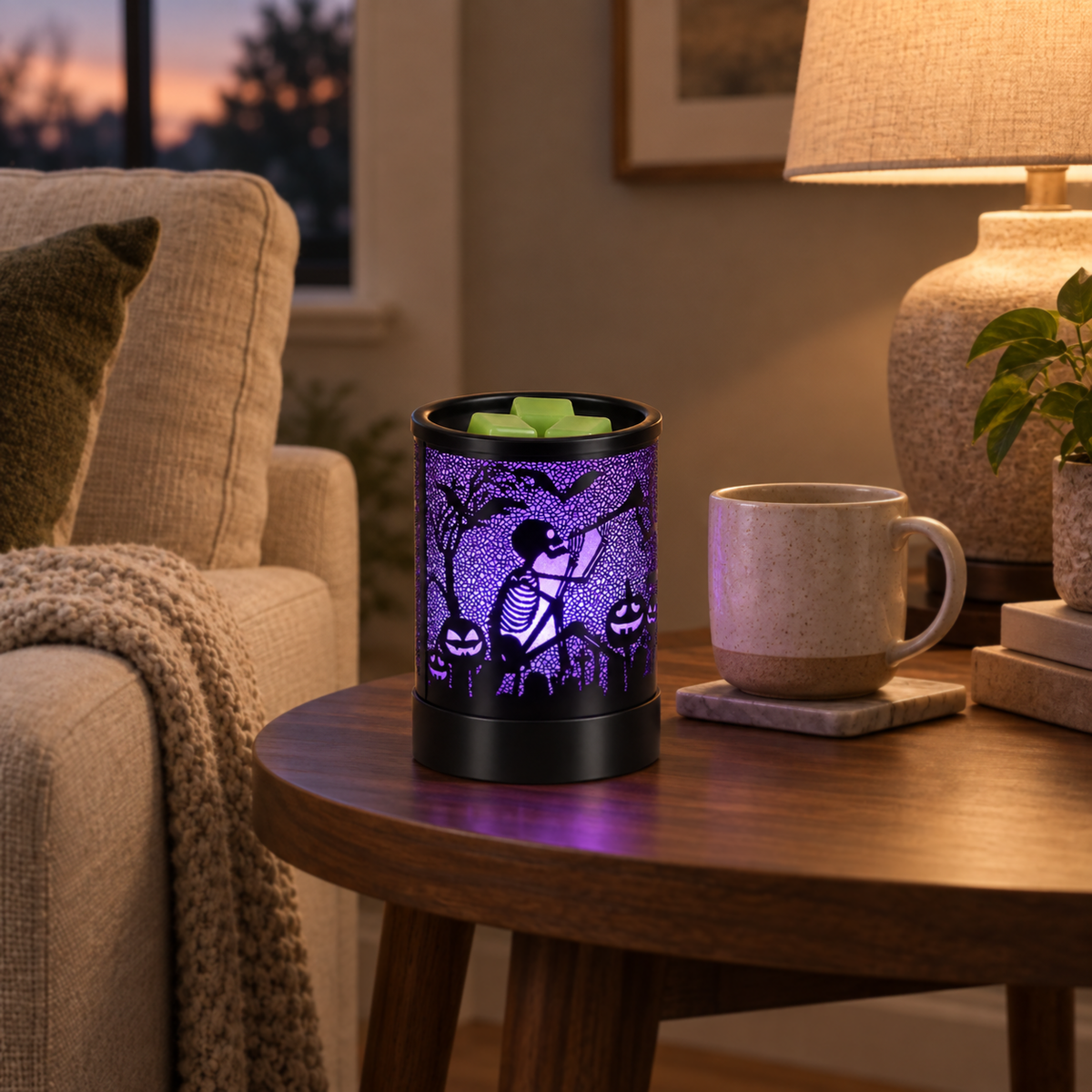 Purple glowing Halloween wax melt warmer with skeleton swing design displayed in a cozy living room.