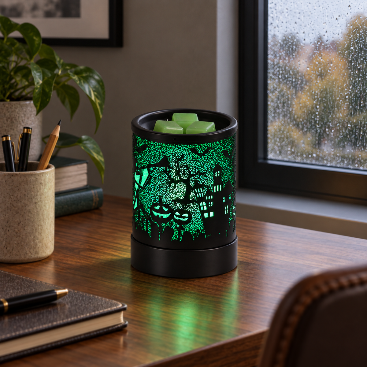 Green glowing Halloween wax melt warmer with haunted house design displayed in a cozy home office.