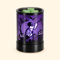 Black Halloween wax melt warmer glowing purple with skeleton swing, bats and jack-o’-lantern cutouts.