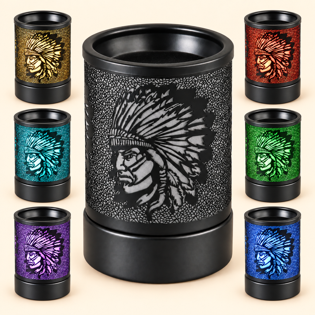 Color-changing wax warmer shown unlit with six light options: gold, turquoise, purple, red, green and blue.