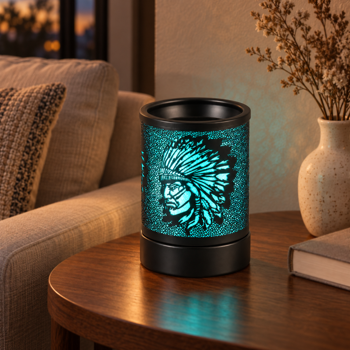 Turquoise glowing wax warmer with a feathered headdress design displayed in a cozy living room.