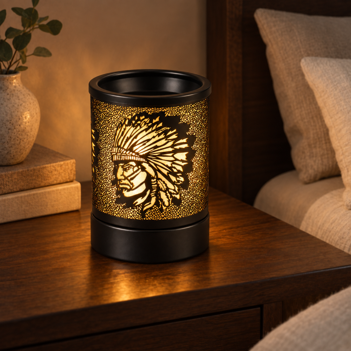 Amber glowing wax warmer with a feathered headdress design displayed on a wooden bedroom nightstand.