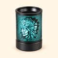 Black electric wax warmer glowing turquoise with a feathered headdress profile cutout on a warm ivory background.