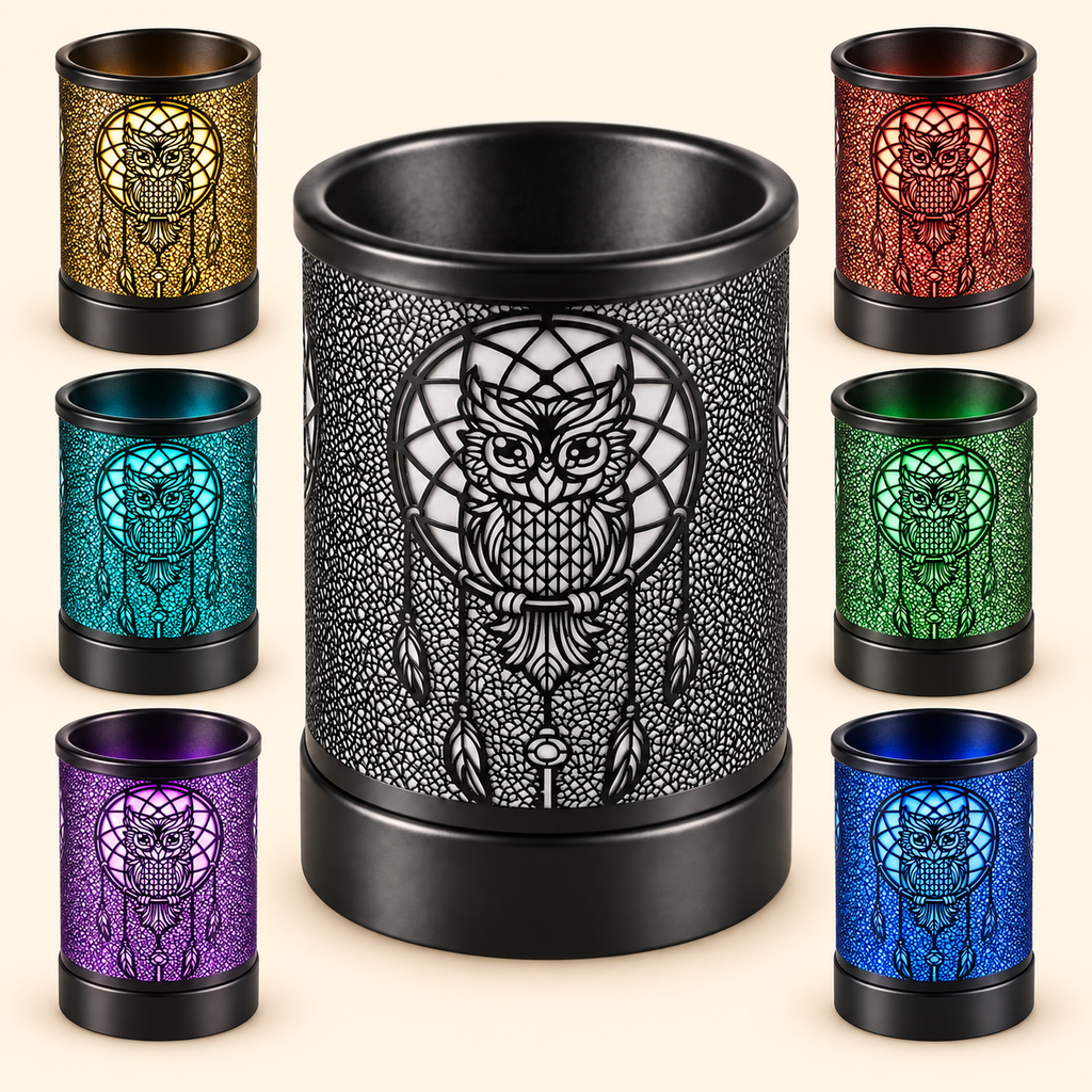 Color-changing owl dreamcatcher wax warmer shown with gold, turquoise, purple, red, green and blue light options