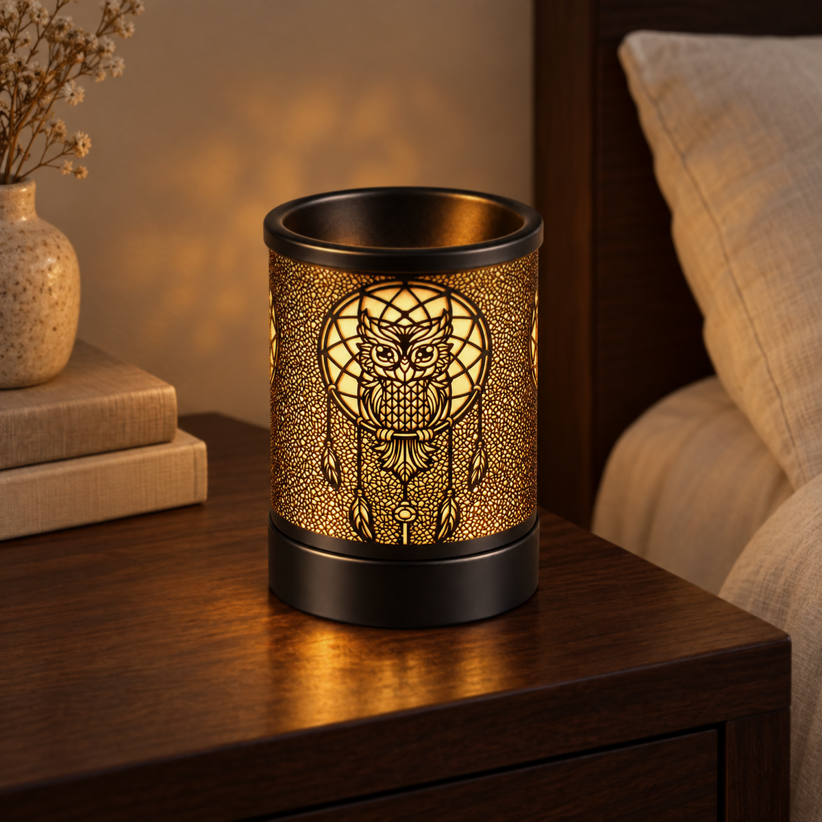 Amber glowing owl dreamcatcher wax warmer displayed on a wooden bedroom nightstand